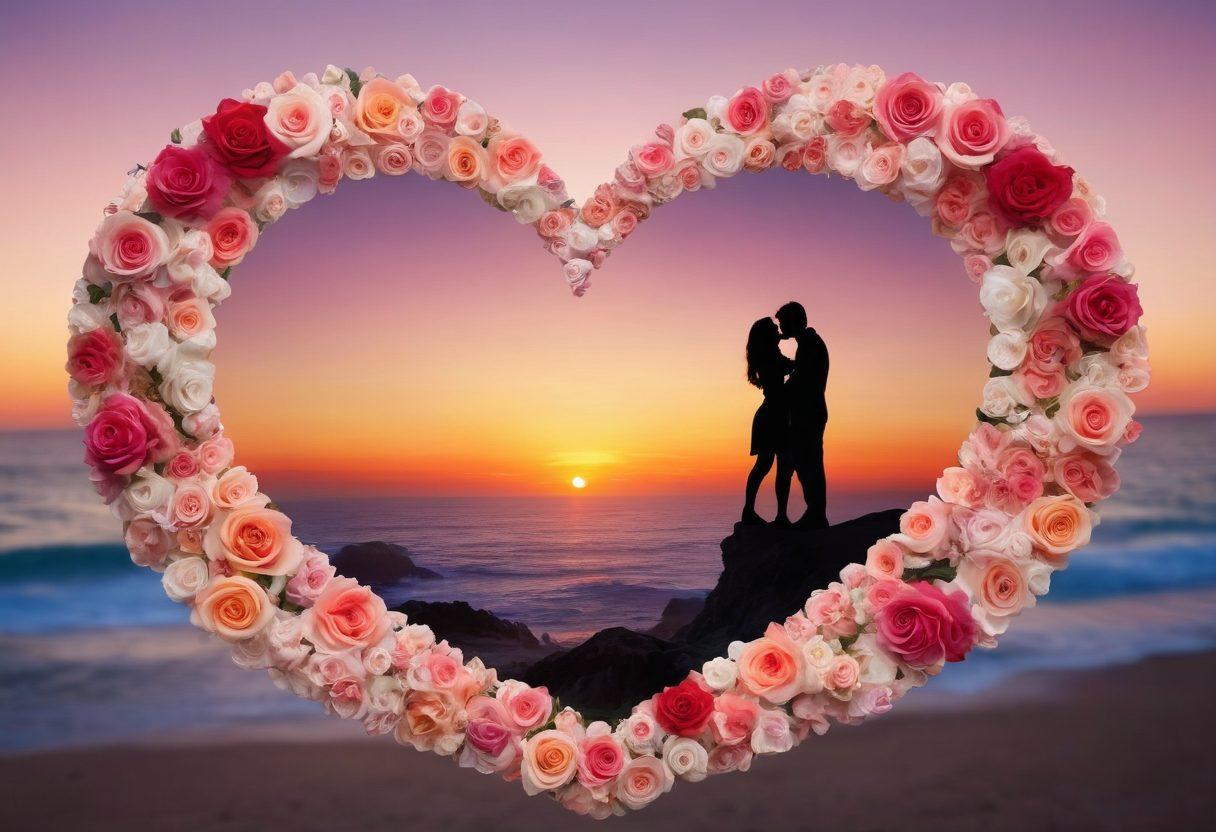 A heart-shaped collage capturing diverse relationship milestones, such as a proposal, wedding, anniversary, and travel memories, all intertwined with romantic imagery like roses, candles, and soft pastel colors. The background features a dreamy sunset to enhance the emotional feel of love. super-realistic. vibrant colors. soft focus.