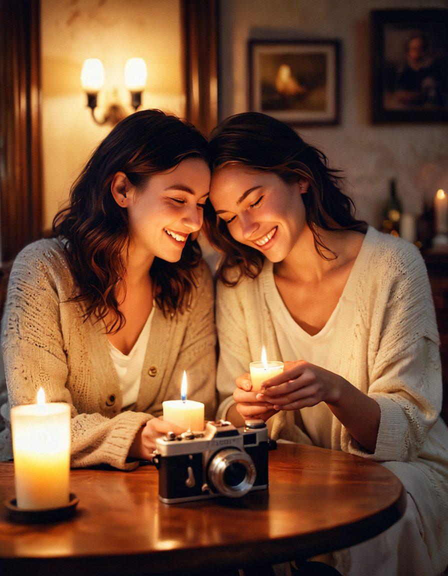 A cozy, intimate setting featuring two people sharing a heartfelt moment, surrounded by soft candlelight and warm textures. Include a vintage camera capturing the scene, with blurred memories of laughter and joy in the background. Emphasize emotions through soft focus and warm color tones. painting. super-realistic.